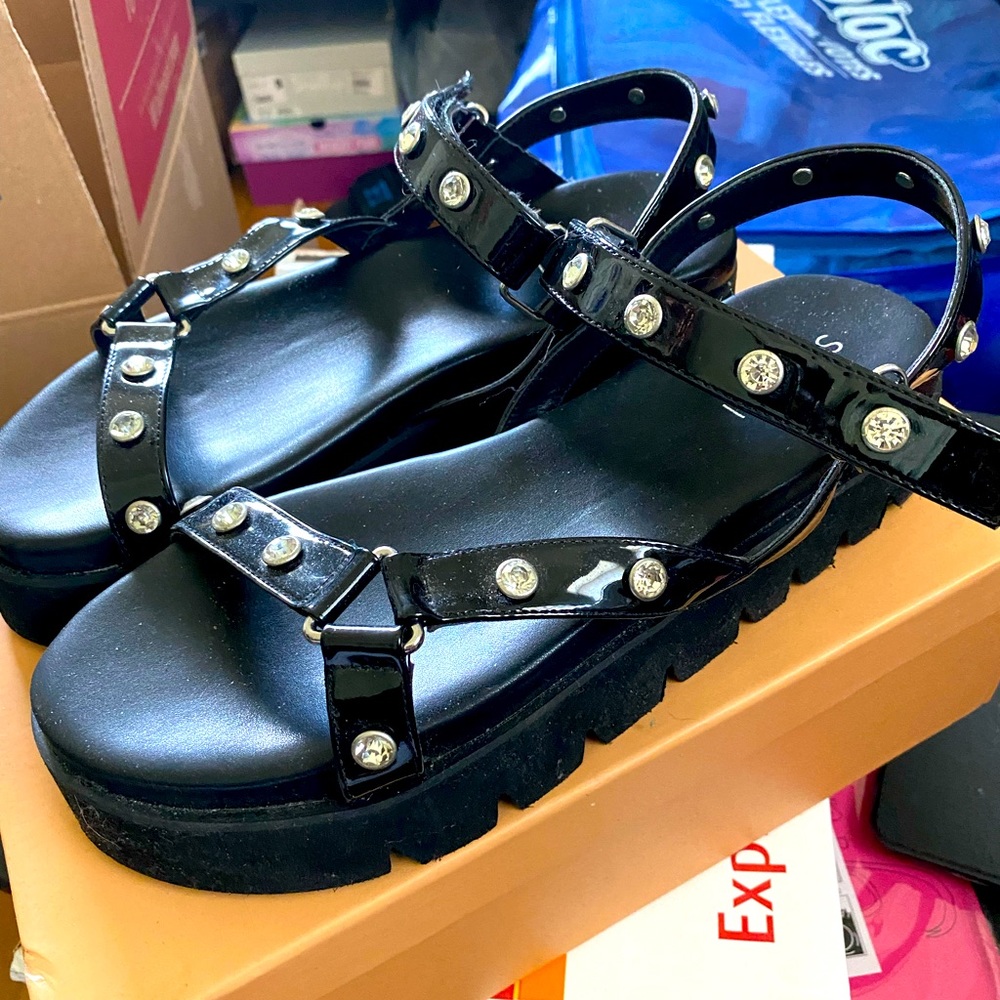 Black Chunky Rhinestone Sandals